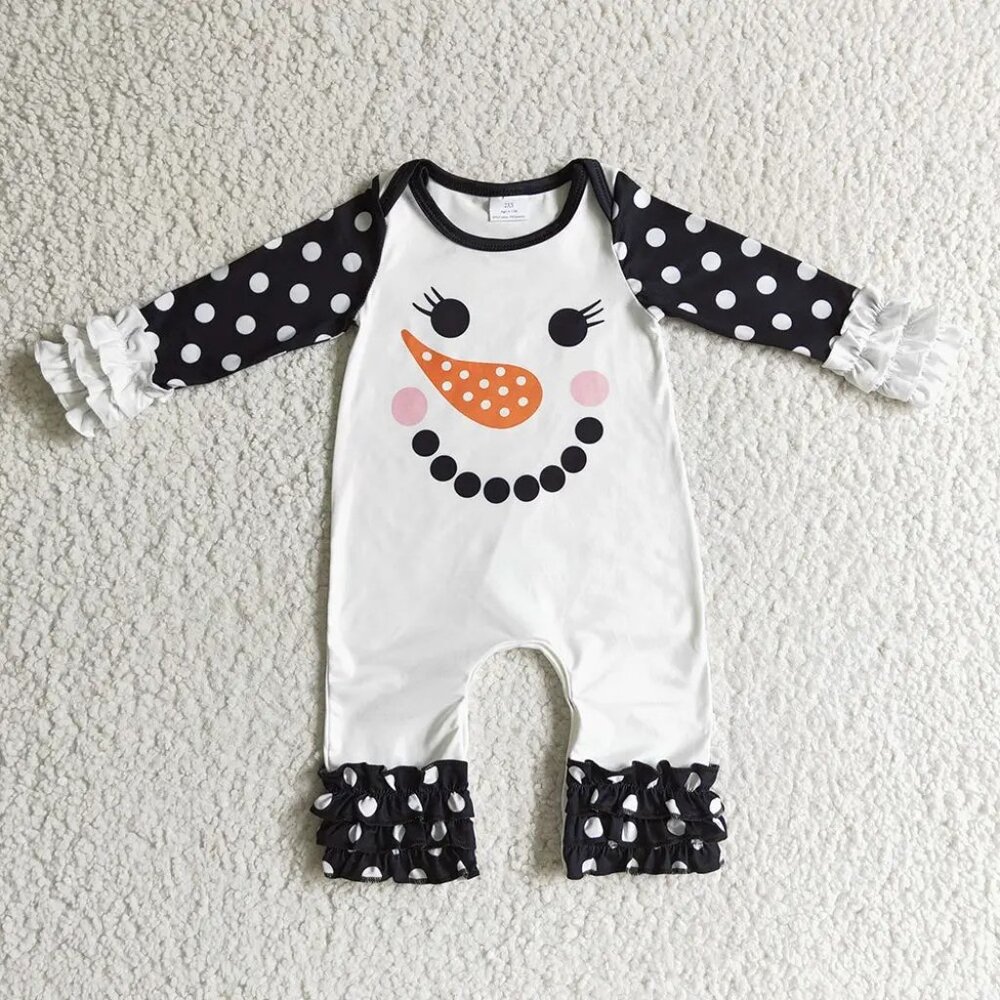 Baby White & Black Snowman Print Long Sleeve Ruffle Romper 6-12M